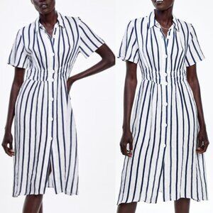 Zara White and Navy Striped Midi Dress